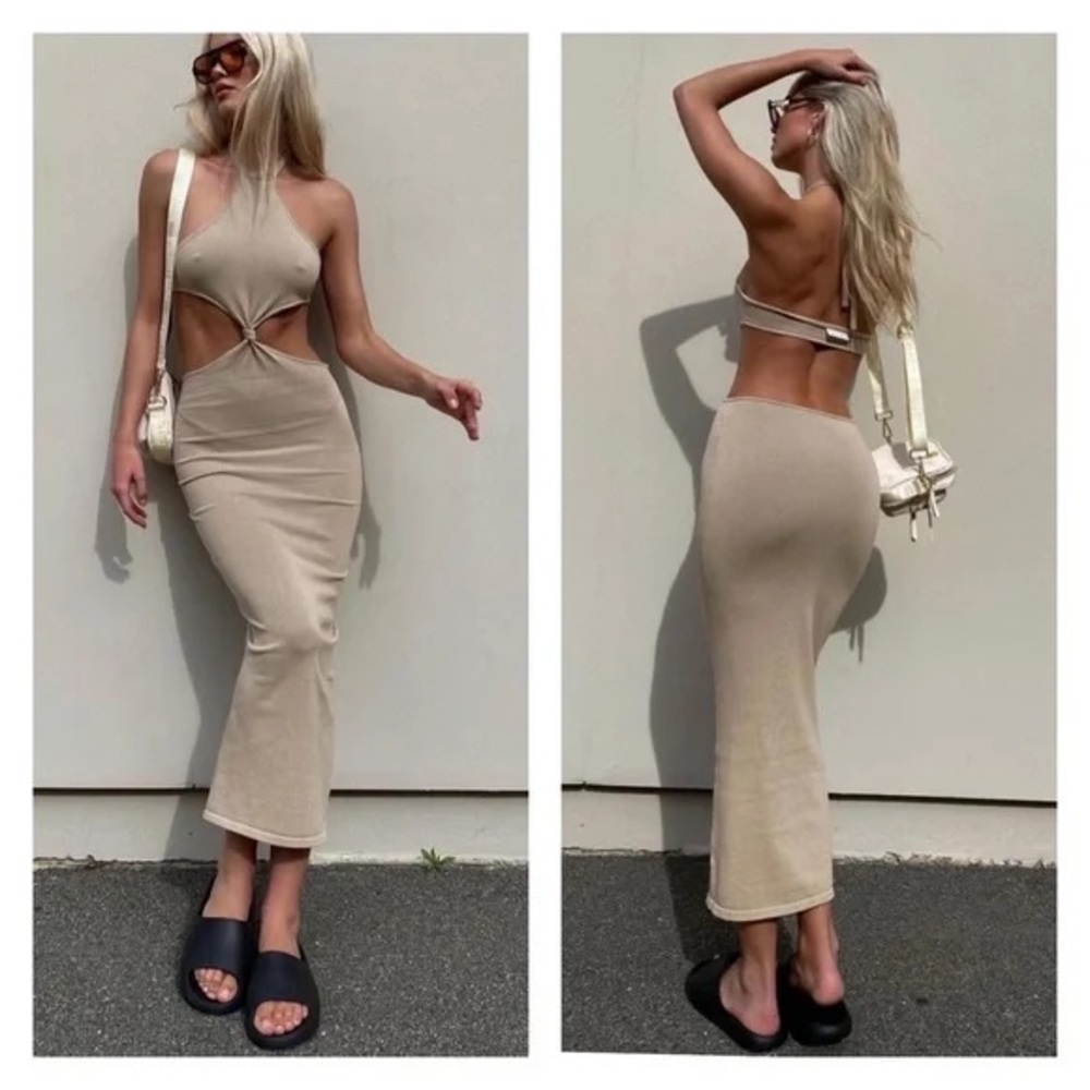 Rumours Revolve Beige Halter Cut Out Mid Knot Vail Knit Maxi Dress EUC Size S